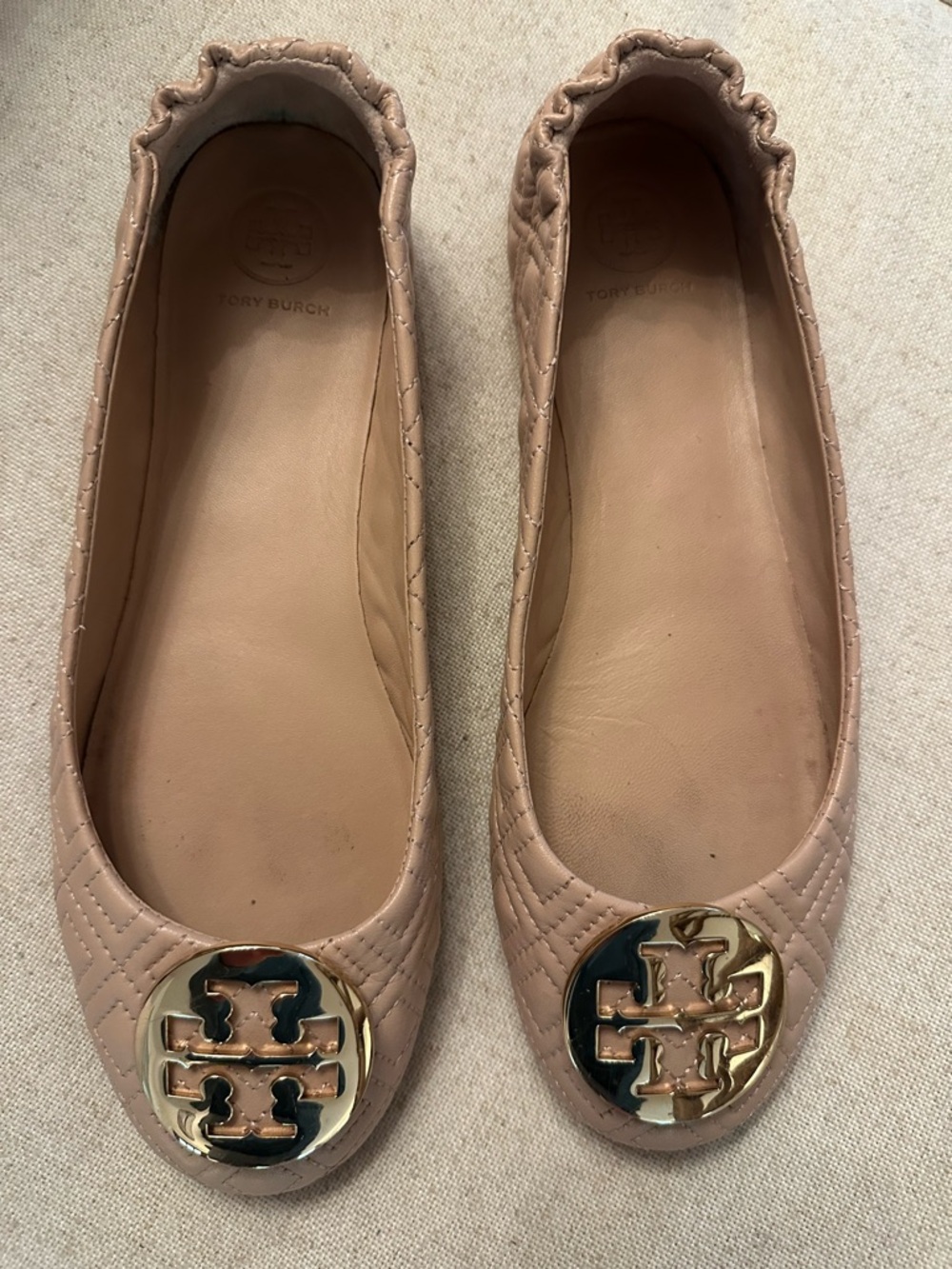 Tory Burch Blush Pink Quilted Logo Flats with Gold Medallion